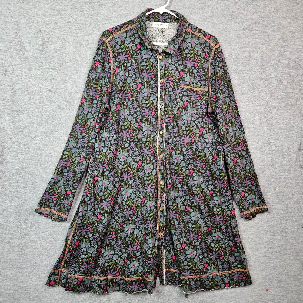 Natural Life Floral Cotton Button Down Shirt Dress Long Sleeve Boho Women's L